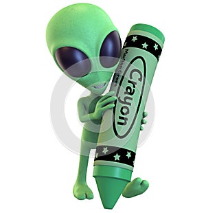 Green Cartoon Alien Holding a Huge Crayon