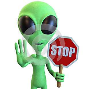 Green Cartoon Alien Holding Stop Sign