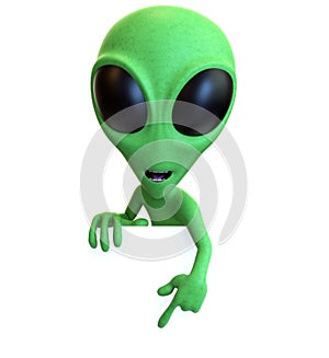 Green Cartoon Alien Pointing Down at Sign