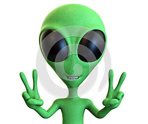 Green Cartoon Alien Showing Dual Peace Signs