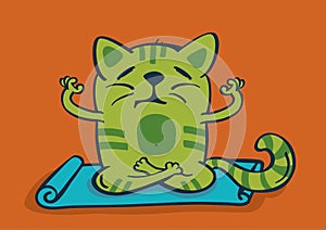 Green cartoon cat in yoga position.