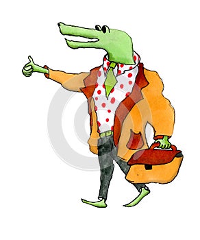 green cartoon crocodile in a white shirt with a tie and in a jacket with a briefcase in his hands catches a taxi