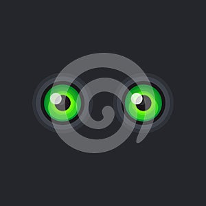 Green Cartoon Eyes on Dark Background. Vector