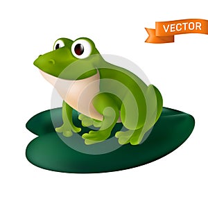 Green cartoon frog with big eyes sitting on a green water Lily leaf. Vector illustration isolated on a white background
