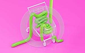 Green cartoon poop is in shopping cart. 3d render, 3d trendy illustration.