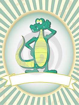 Green cartoon posing alligator blank product label