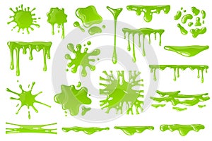 Green cartoon slime. Goo blob splashes, sticky dripping mucus. Slimy drops, messy borders for halloween banners isolated