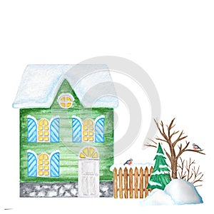 Green Cartoon Winter House with wooden fence and Bullfinch bird couple, snowdrifts, Christmas tree. Front view