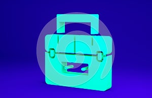 Green Case or box container for wobbler and gear fishing equipment icon isolated on blue background. Fishing tackle