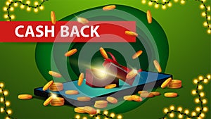 Green cashback banner in paper cut style with a presents lying on the smartphone screen, gold coins falling from the top
