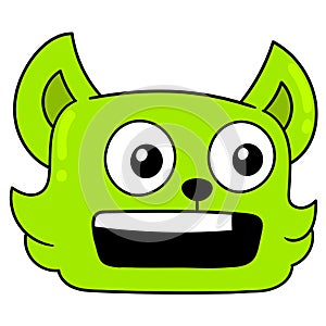 Green cat animal head flabbergasted, doodle icon drawing