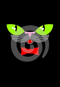 Green cat eyes and a red bow tie. Muzzle your pet on a black bac