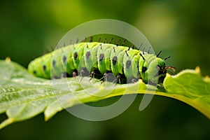 Green caterpillar munching on vibrant leaf, showcasing details of its tiny mandibles and colorful body. Generative AI