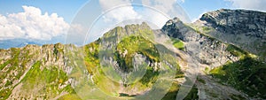 Green caucasus rocky mountain landscape, natural travel background. Banner photo