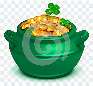 Green cauldron full of gold coin on transparent background. Clover four leaf symbol St. Patrick s Day