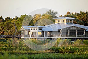 Green Cay Nature Center building at sunrise