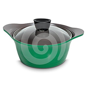 Green ceramic saucepan with transparent glass lid