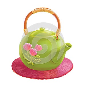Green ceramic teapot on bamboo napkin. Tea cereminy illustration. Japaneese teakettle icon