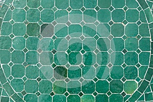 Green ceramic tile floor with geometric octagonal and square pattern