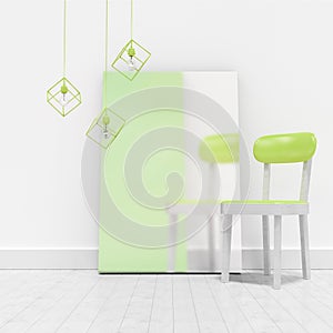 Green chair by blank whiteboard against wall