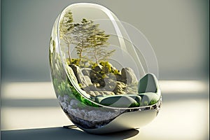 green chair in a glass vase with trees and grass, 3d render