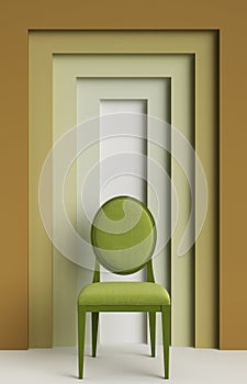 Green chair in moderne style .Wall with arc in different ocre and green colors