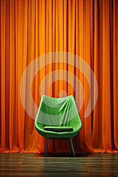 Green chair sitting in front of curtained window. Generative AI