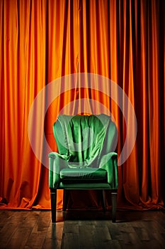 Green chair sitting in front of red curtained wall. Generative AI