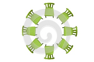 Green chairs in a circle on a white background. Background. Insulator