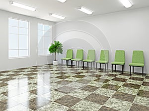 Green chairs in a lobby