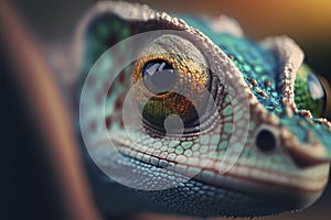 Green chameleon. Beautiful of chameleon, chameleon closeup photo