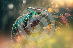Green Chameleon on a Branch of Rain Forest. AI generated Illustration