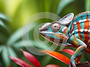 Green chameleon with red and white stripes on blured jungle forest background
