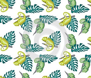 Green chameleons and monstera leaves in the jungle. Seamless isolated tropical pattern.