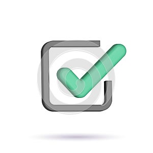 Green check mark 3d icon. Agreement symbol of user approval. Positive online voting and successful testing.