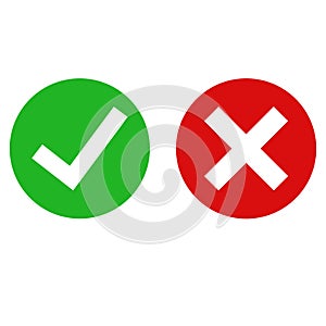 Green check mark done and red x icon. Cross and tick signs. Flat icons for applications
