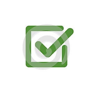 Green check mark icon in a box. Tick symbol in green color, vector illustration