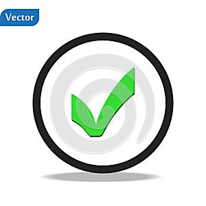 Green check mark icon in a circle. Tick symbol in green color, vector illustration