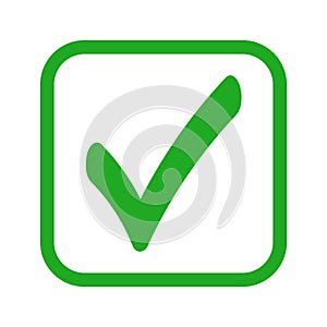 Green check mark icon. Tick symbol in green color, vector illustration