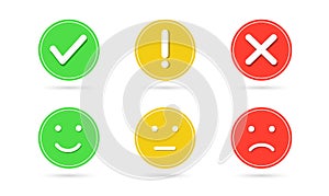 Green check mark and red cross button. Exclamation mark. Face smile icon positive, neutral and negative. Vector illustration