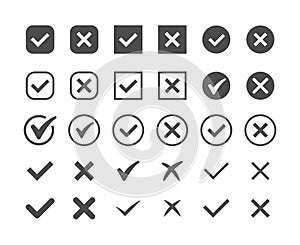 Green check mark and red cross icon set. Circle and square. Tick symbol in green color, vector illustration.