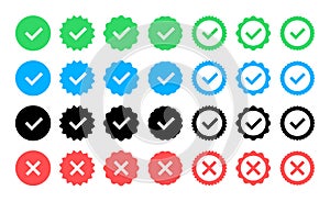 Green check mark and red cross icon set. Circle and square. Tick symbol in green color, vector illustration.