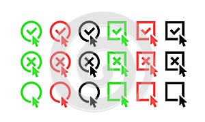 Green check mark and red cross icon set. Circle and square. Tick symbol in green color, vector illustration.