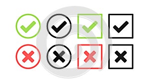 Green check mark and red cross icon set. Circle and square. Tick symbol in green color, vector illustration