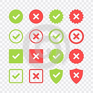 Green check mark and red cross icon set. Circle and square. Tick symbol in green color, vector illustration