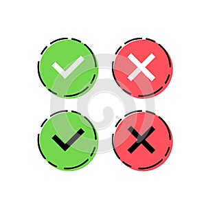 Green check mark and red cross icon set. Circle and square. Tick symbol in green color, vector illustration