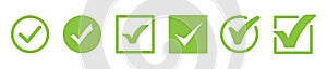 Green check mark and red cross icon set. Isolated tick symbols, checklist signs. Tick symbol in green color