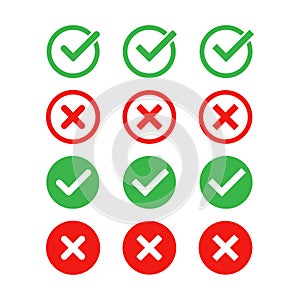 Green check mark and red cross icon set. Vector isolated elements. Tick approved symbol. Stock vector