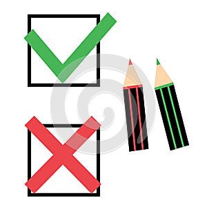 Green check mark and red cross with two pencils. Vector