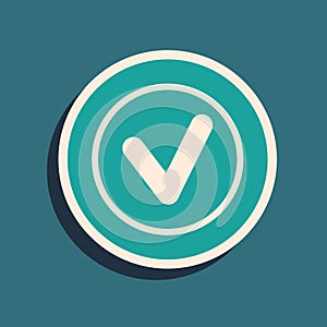 Green Check mark in round icon isolated on green background. Check list button sign. Long shadow style. Vector